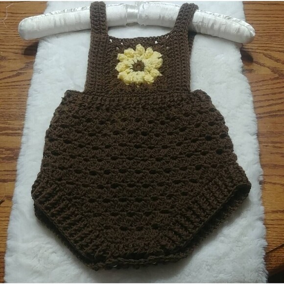 Handmade Crocheted Sunflower 12 month Baby Romper Brown and Yellow - Picture 1 of 7